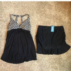 Halcrt Black Tankini Swim Top Ruffle Skirt Swimsuit Set Women's L